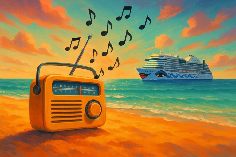Retro-Radio am Strand mit fliegenden Musiknoten
