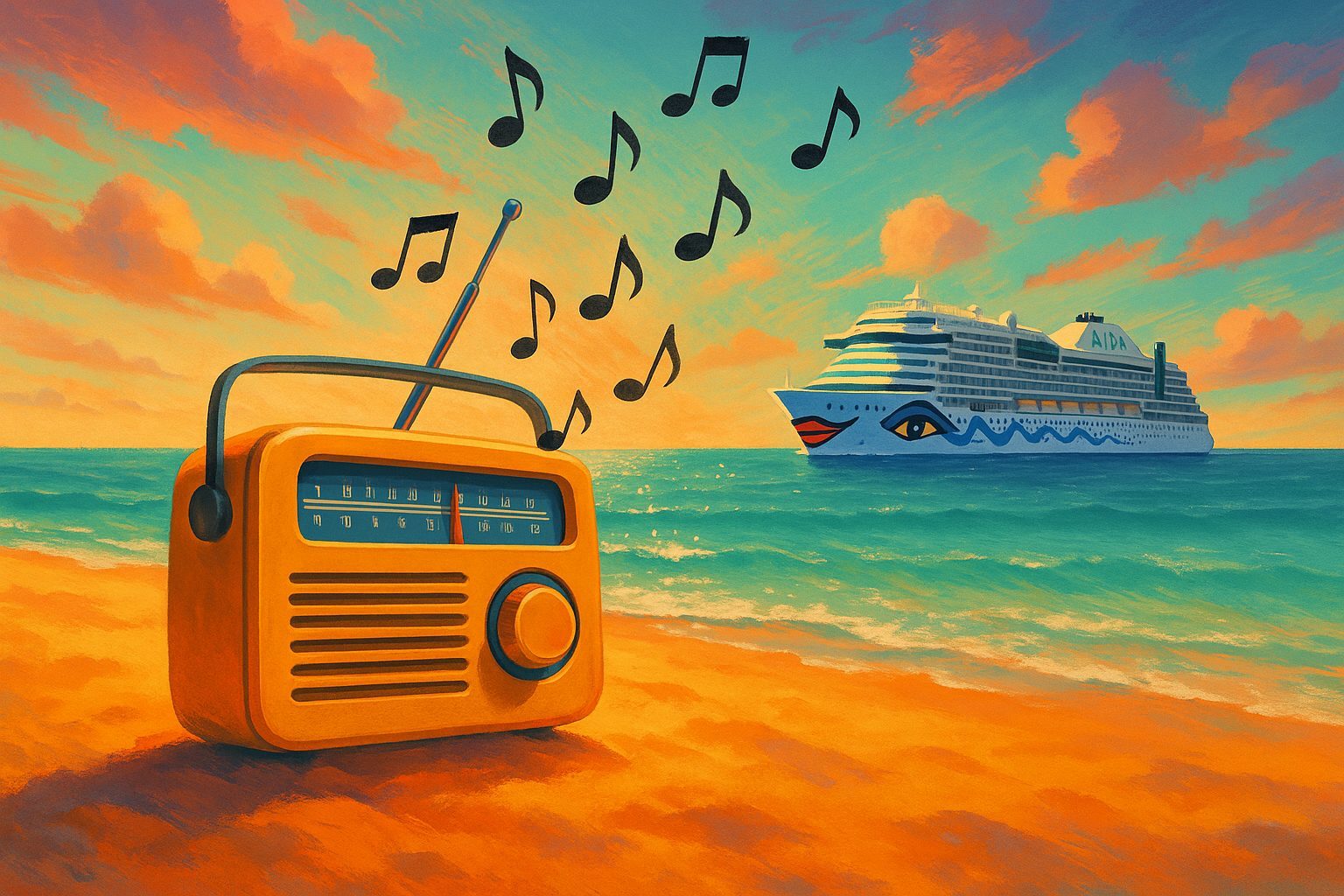 Retro-Radio am Strand mit fliegenden Musiknoten