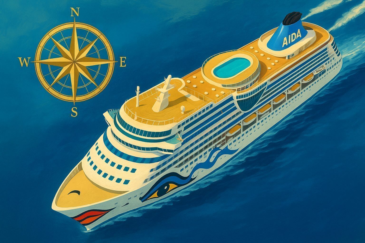 AIDA Kreuzfahrtschiff in der Draufsicht mit Kompass