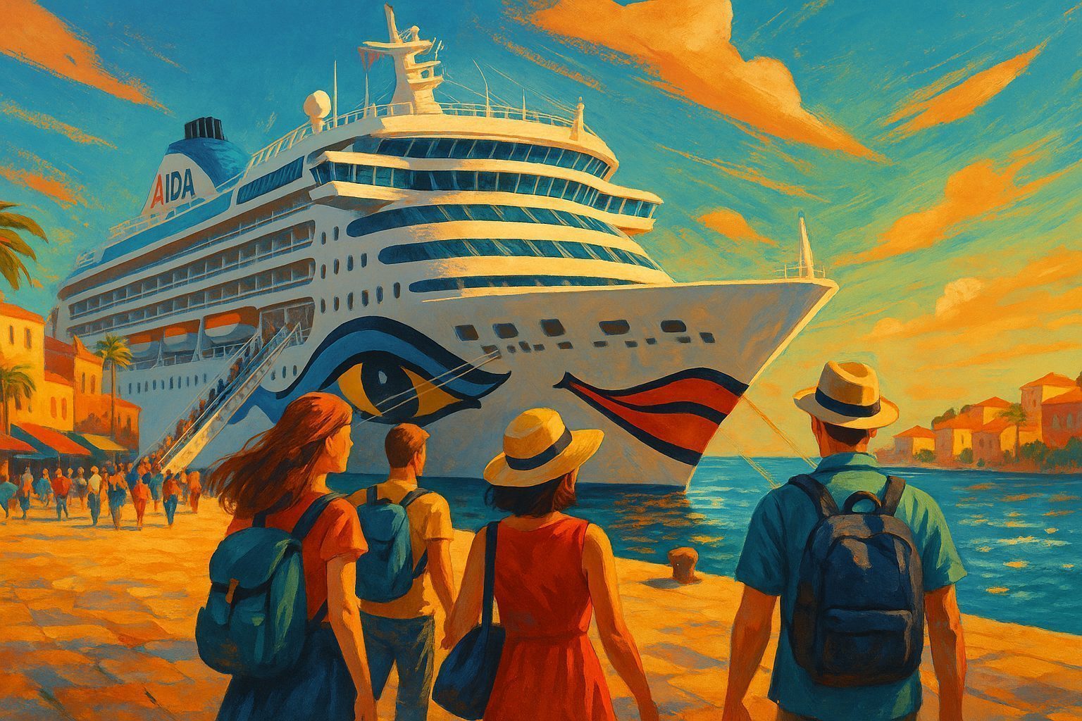 Kreuzfahrtgäste verlassen ein AIDA Schiff zum Landgang