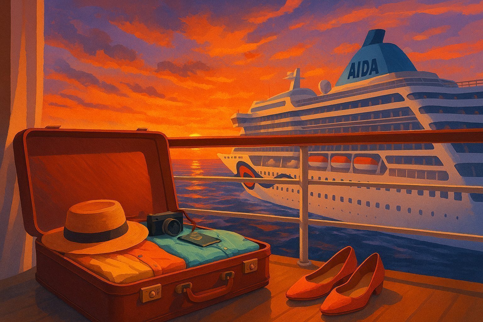Koffer und Kleidung auf dem Balkon einer AIDA-Kabine