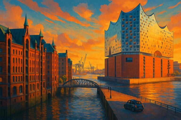 Hamburg HafenCity mit Elbphilharmonie und Speicherstadt – Illustration zum Parken am Kreuzfahrtterminal
