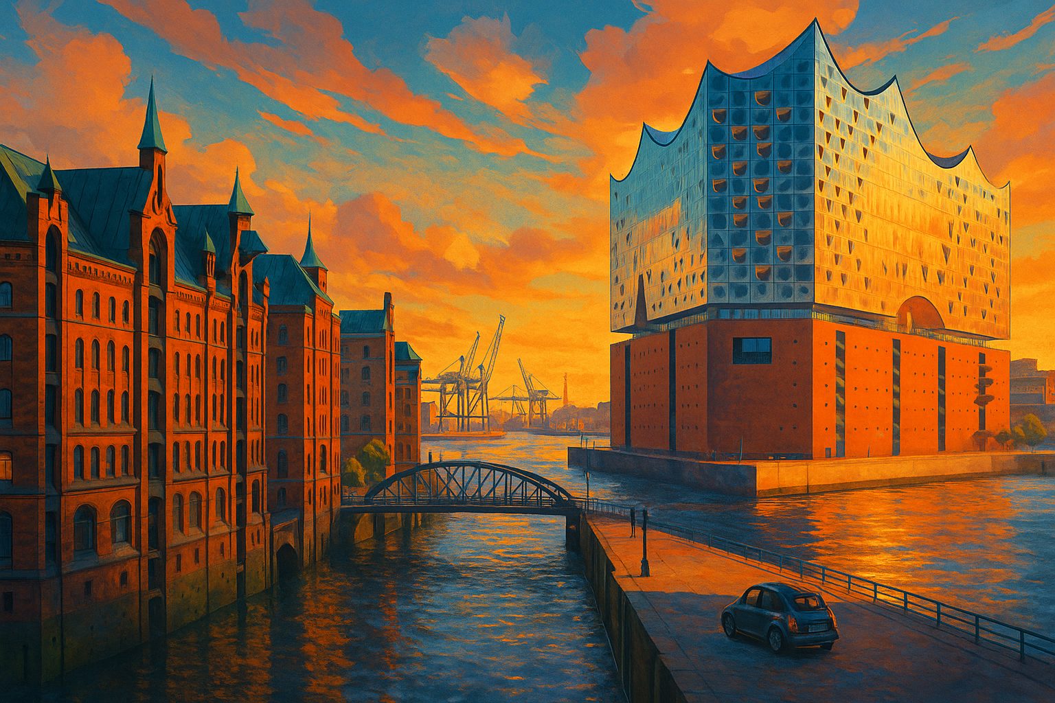 Hamburg HafenCity mit Elbphilharmonie und Speicherstadt – Illustration zum Parken am Kreuzfahrtterminal