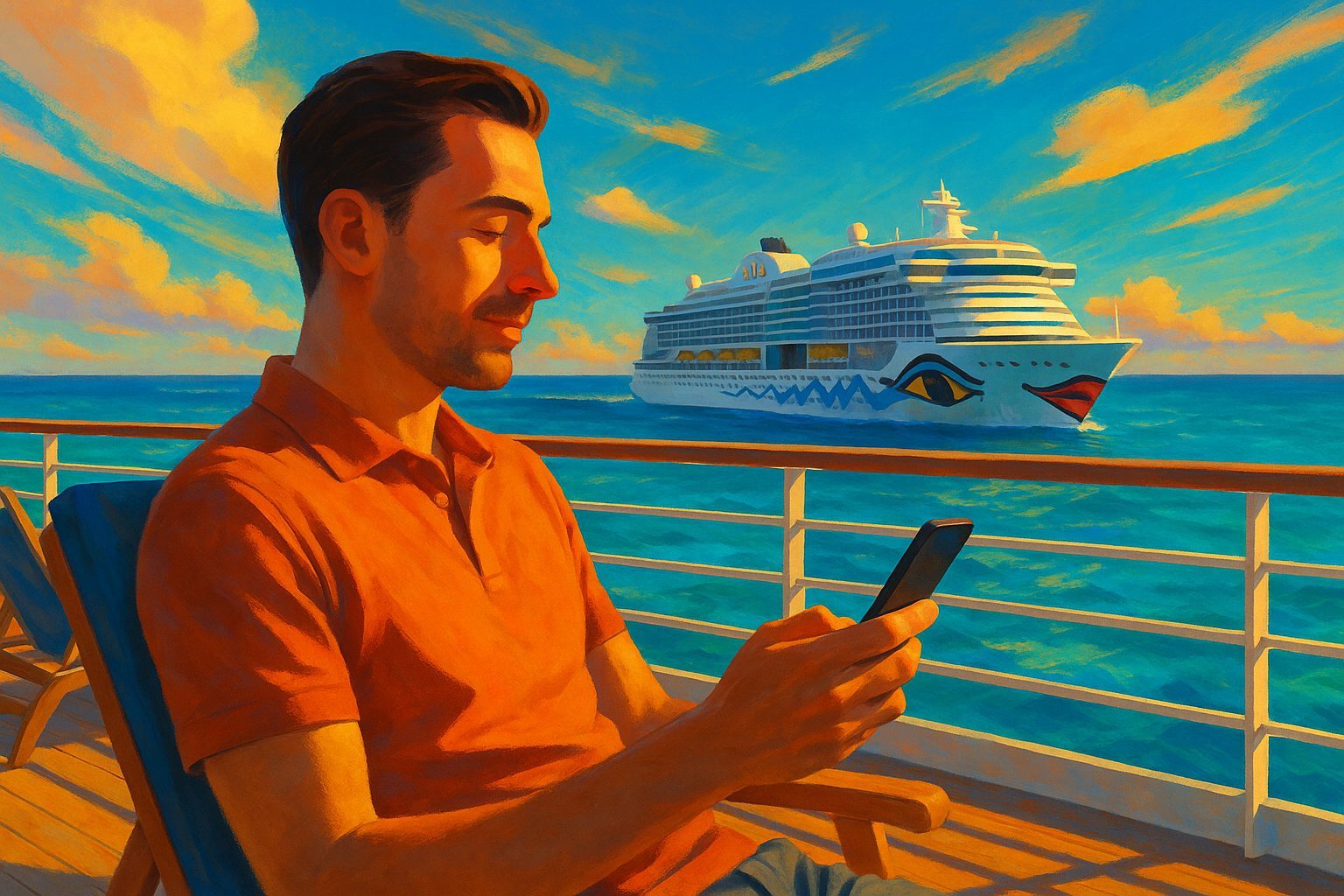 Passagier nutzt Smartphone auf dem Sonnendeck eines Kreuzfahrtschiffs mit Meerblick