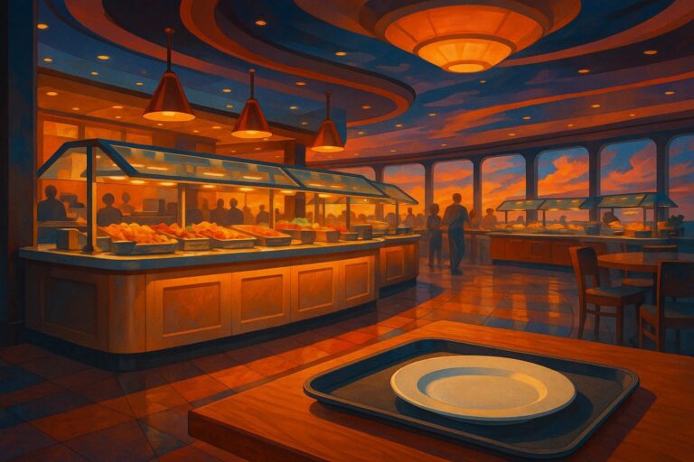 Buffetrestaurant auf einem Kreuzfahrtschiff mit Tablett und Teller im Vordergrund