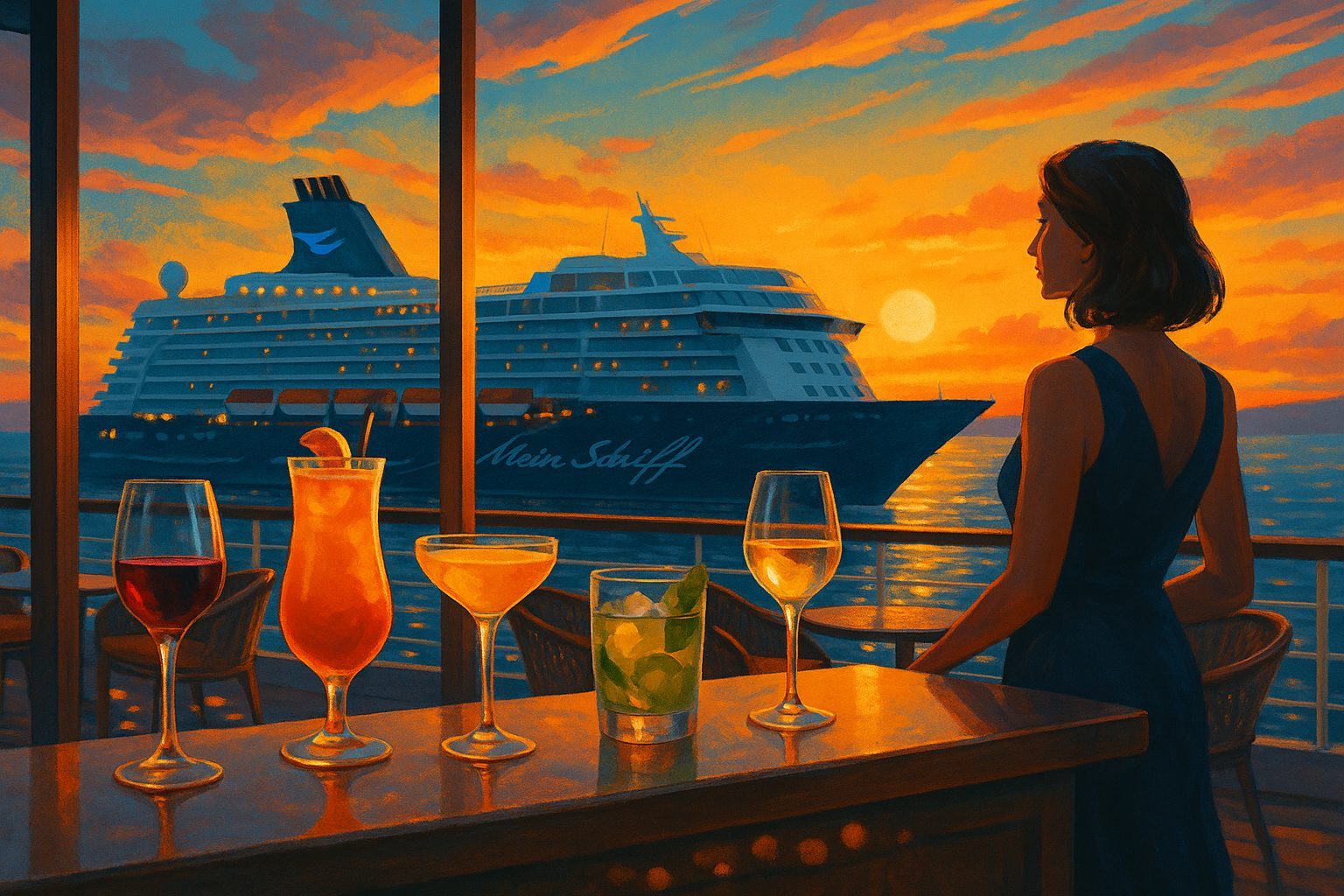 Getränkekarte und Cocktails an der Bar auf Mein Schiff