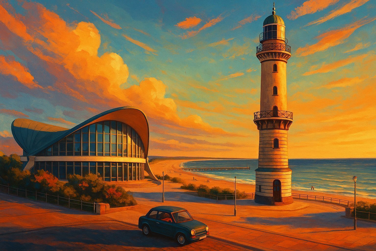 Warnemünde mit Leuchtturm und Teepot – Illustration zum Parken am Kreuzfahrtterminal
