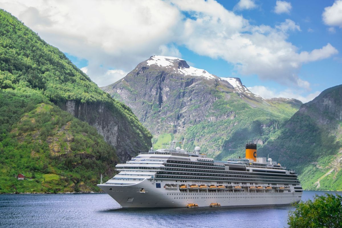 Norwegischer Fjord mit Kreuzfahrtschiff in der Ferne
