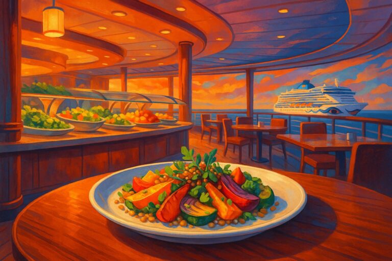 Veganes Buffet im Kreuzfahrt-Restaurant mit farbenfrohem Teller
