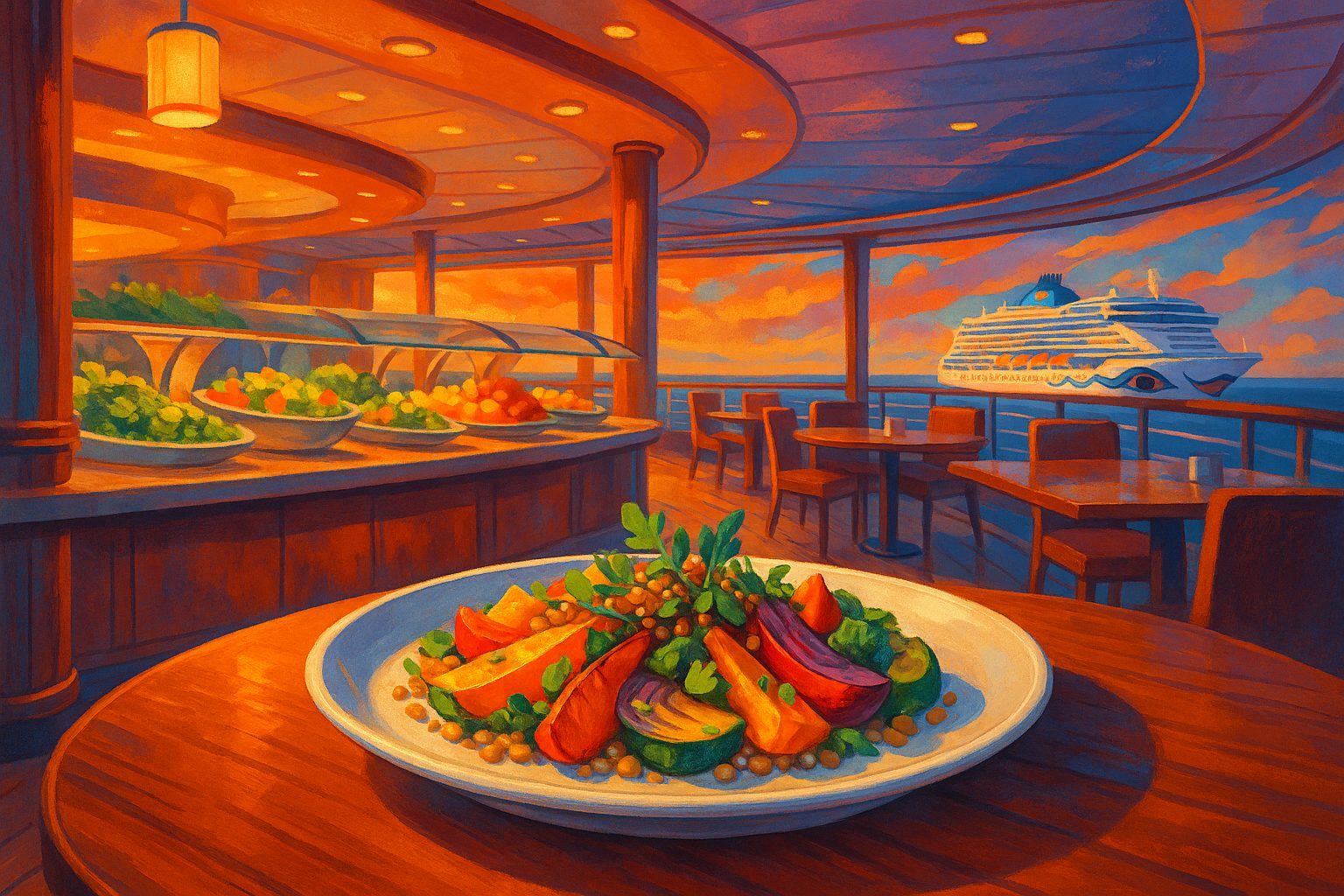 Veganes Buffet im Kreuzfahrt-Restaurant mit farbenfrohem Teller