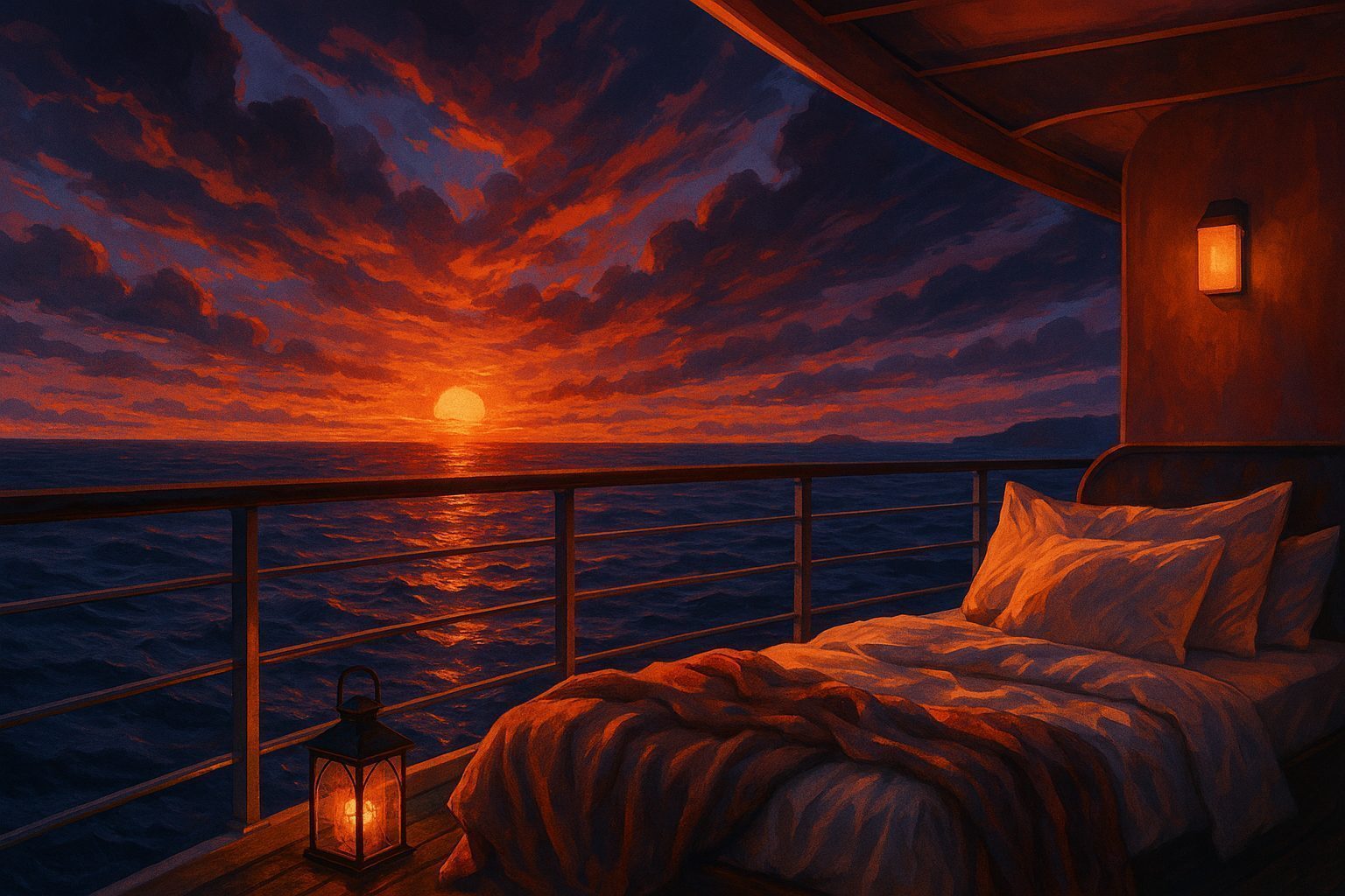 Balkon einer Kreuzfahrtkabine mit Blick auf das Meer bei Sonnenuntergang