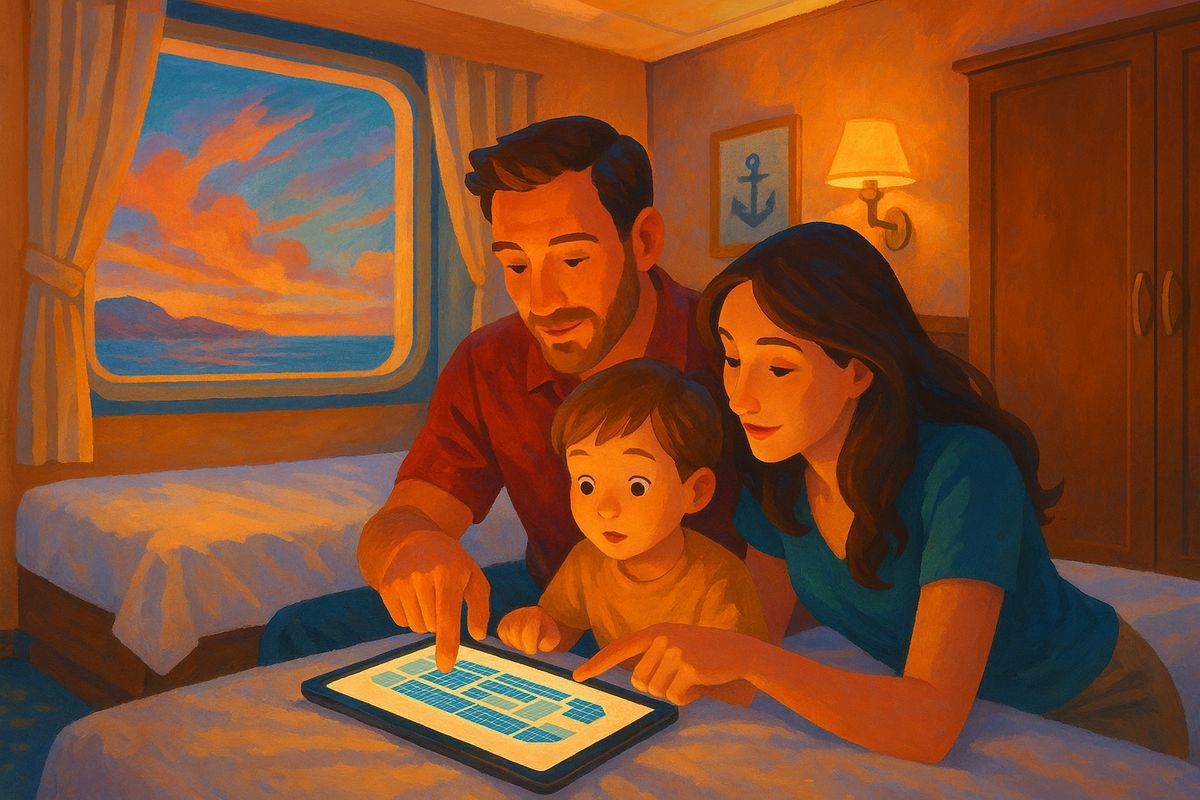 Familie studiert den AIDA Decksplan auf dem Tablet in der Kabine