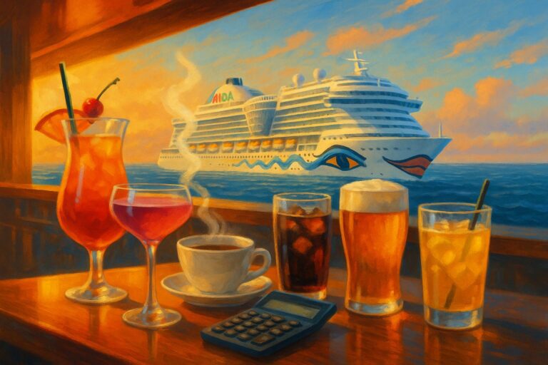 Cocktails, Kaffee und Taschenrechner vor einem AIDA-Kreuzfahrtschiff im Hintergrund