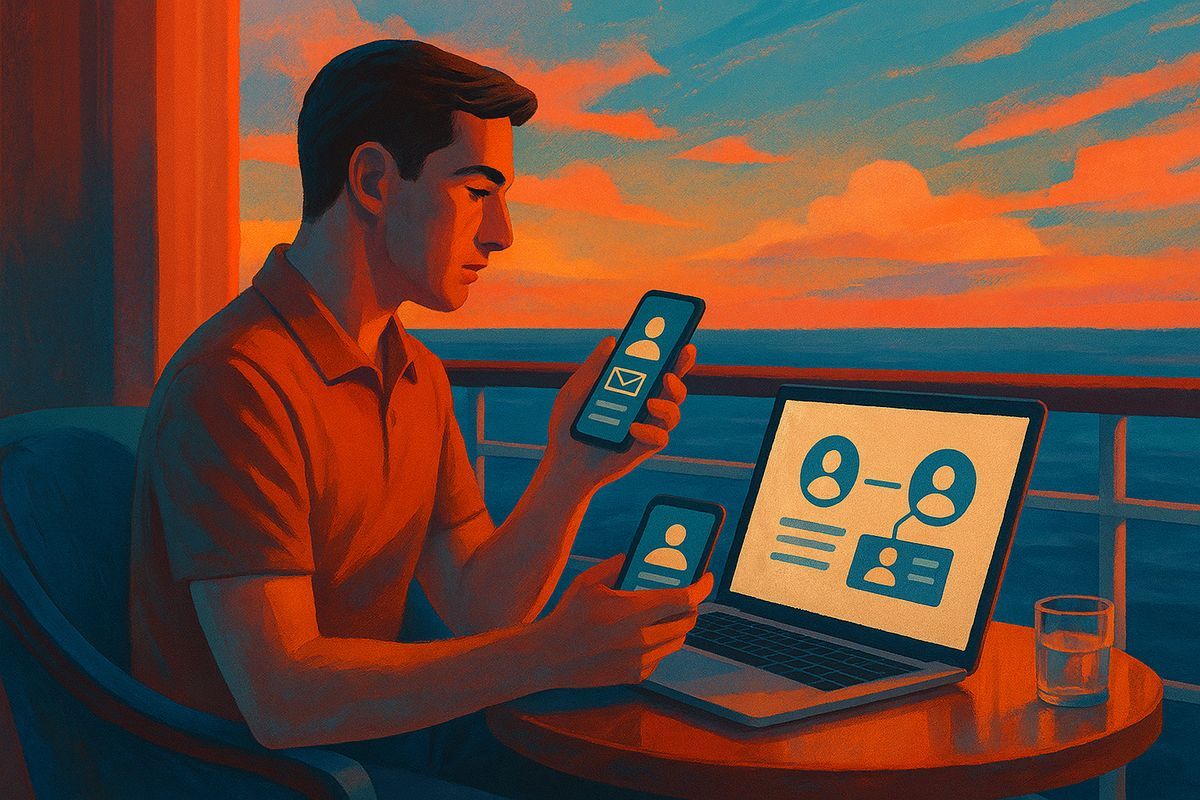 Reisende prüft auf Smartphone und Laptop die Zuordnung ihres digitalen AIDA-Kontos