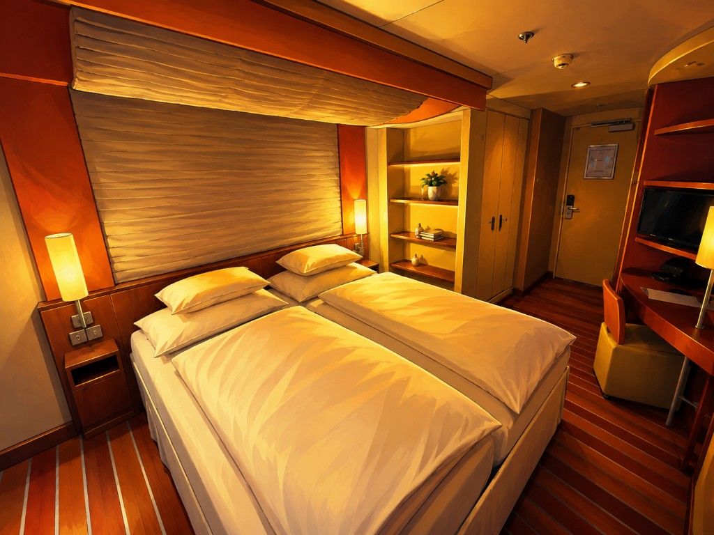 Innenkabine auf einem AIDA-Schiff der Sphinx-Klasse mit Doppelbett und warmer Beleuchtung