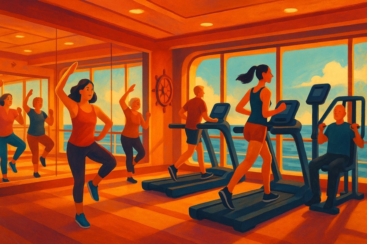 Gäste beim Gruppenfitnesskurs und freien Gerätetraining im Schiff-Fitnessstudio