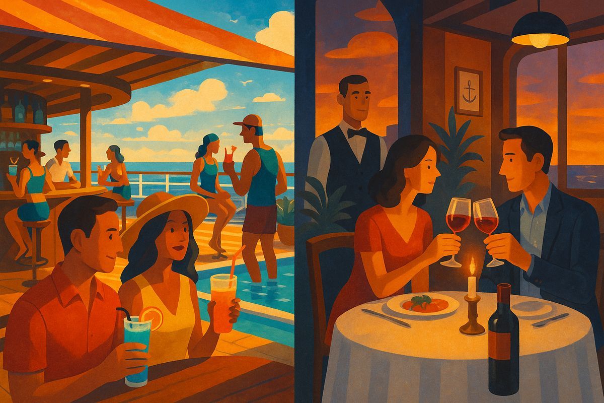 Gäste an der Poolbar und am Restauranttisch mit Getränken auf einer Kreuzfahrt