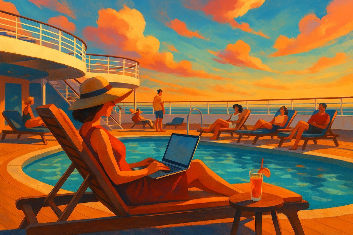 Gast am Pooldeck mit Laptop und Getränk beim Surfen an Bord