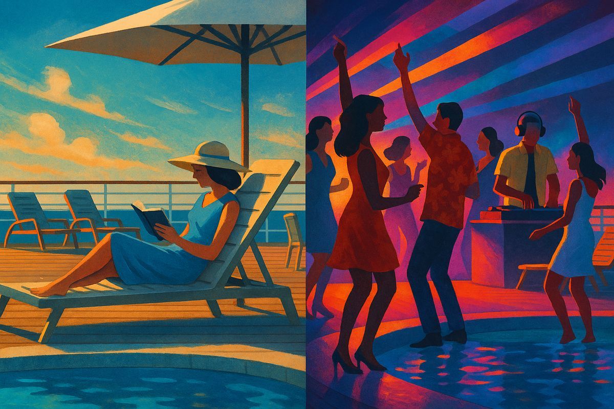 Ruhige Leseecke am Pooldeck neben lebendiger Poolparty-Atmosphäre