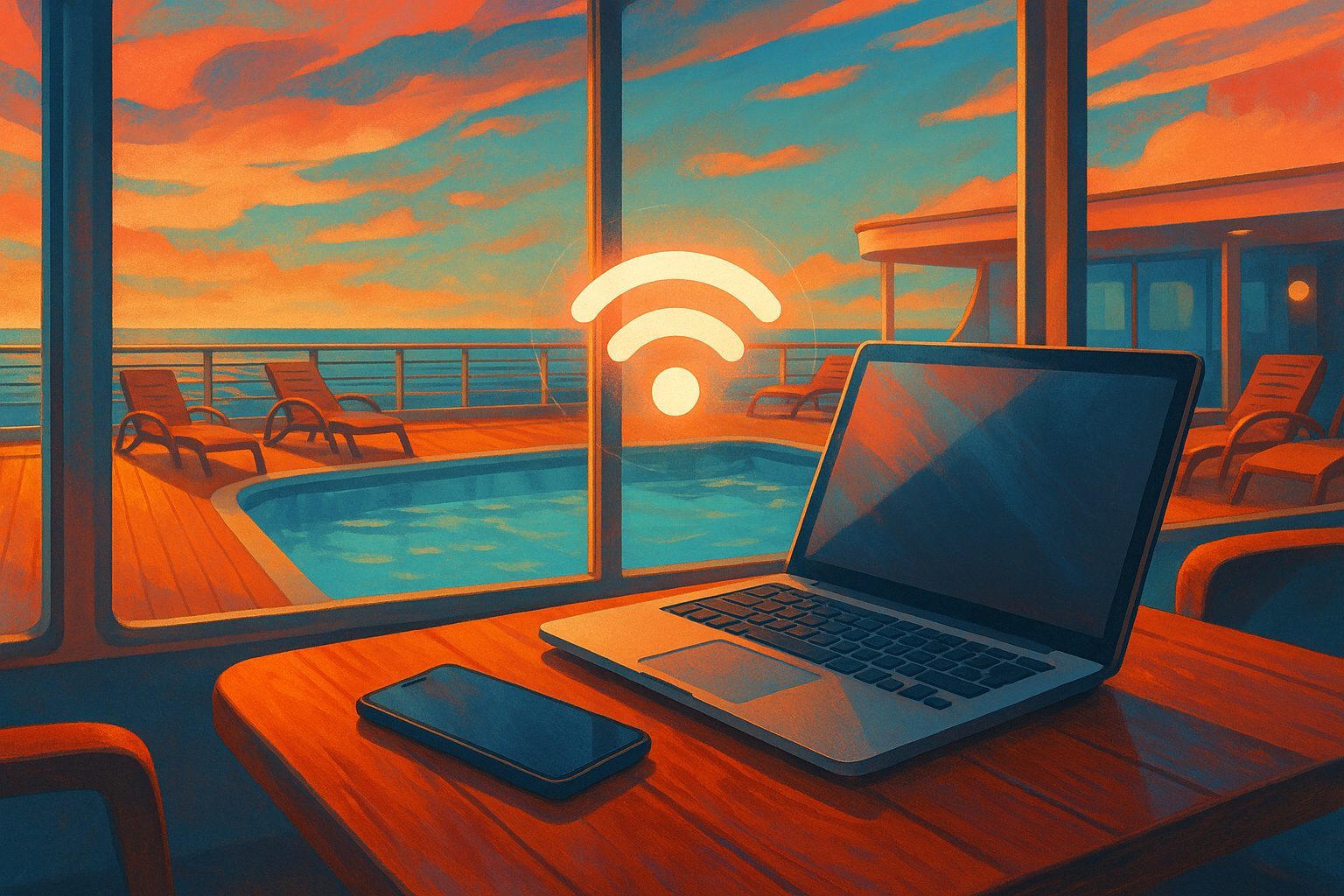 Smartphone und Laptop mit WLAN-Symbol auf einem Kreuzfahrtschiff