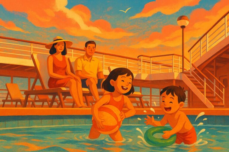 Familie mit Kindern an Bord eines Kreuzfahrtschiffs im Poolbereich