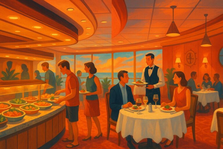 Illustration eines Kreuzfahrt-Restaurants: Gäste am Buffet und am gedeckten Tisch