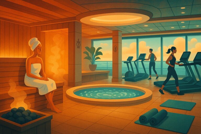 Illustration eines Kreuzfahrt-Spa-Bereichs mit Sauna, Whirlpool und Fitnessstudio