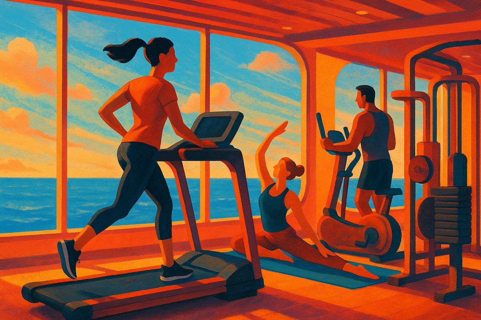 Gäste beim Training im Kreuzfahrt-Fitnessstudio mit Laufband und Meerblick