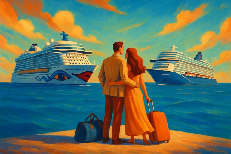 Urlaubsfertiges Paar blickt sehnsüchtig auf AIDAnova und Mein Schiff Relax