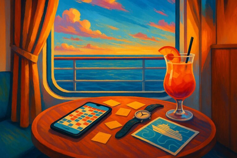 Überfüllter Urlaubskalender auf einem Tisch neben unberührtem Cocktail und Meerblick