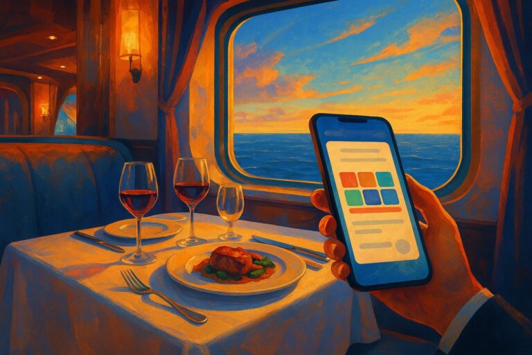 Gedeckter Tisch im Kreuzfahrtrestaurant mit Meerblick, Gast hält Smartphone mit stilisierter Reservierungsansicht