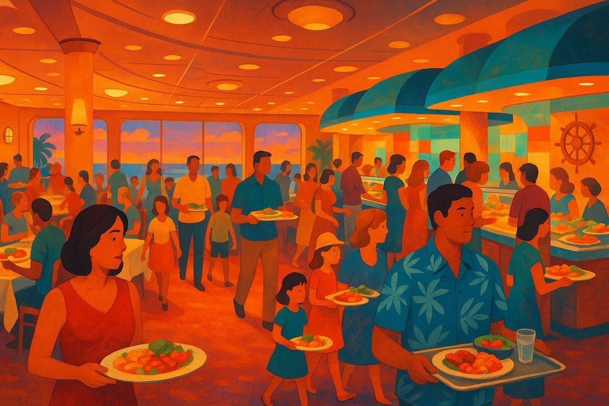 Volles Buffetrestaurant am ersten Kreuzfahrtabend mit Gästen und Tabletts