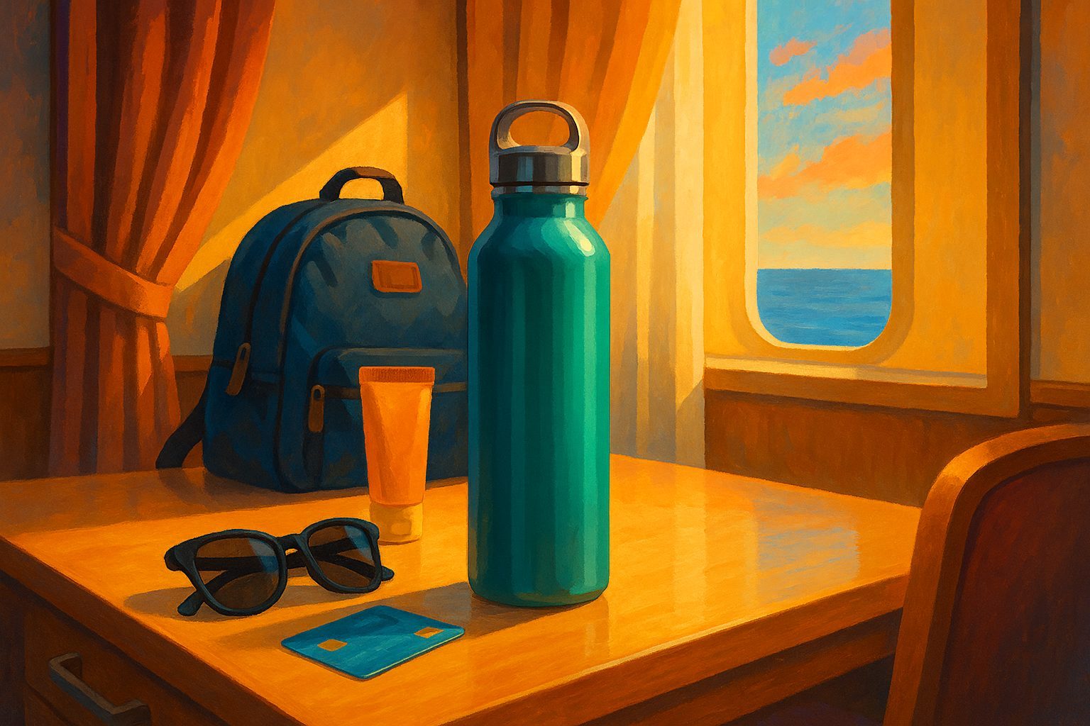 Wiederverwendbare Trinkflasche auf einem Kabinentisch neben Sonnenbrille und Tagesrucksack