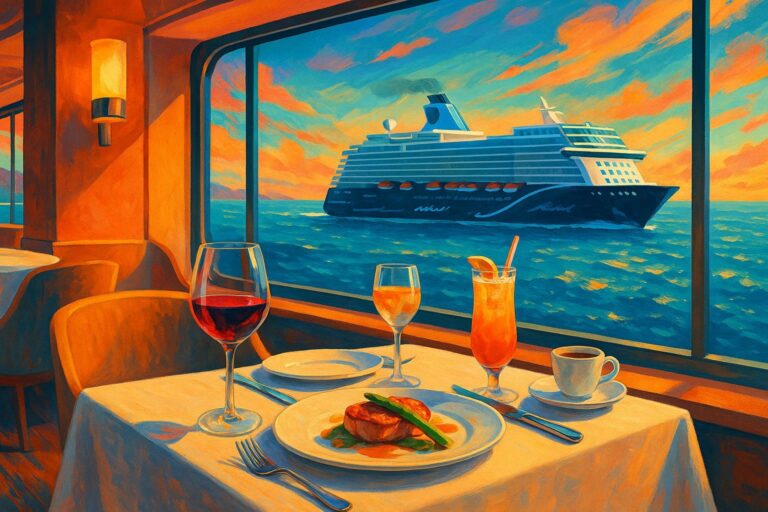 Mein Schiff Kreuzfahrtschiff mit gedecktem Restauranttisch, Wein und Cocktails