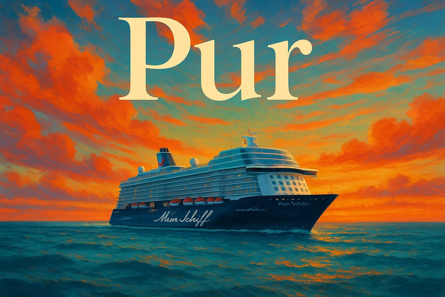 Mein Schiff Kreuzfahrtschiff mit blauem Rumpf und großem Schriftzug Pur