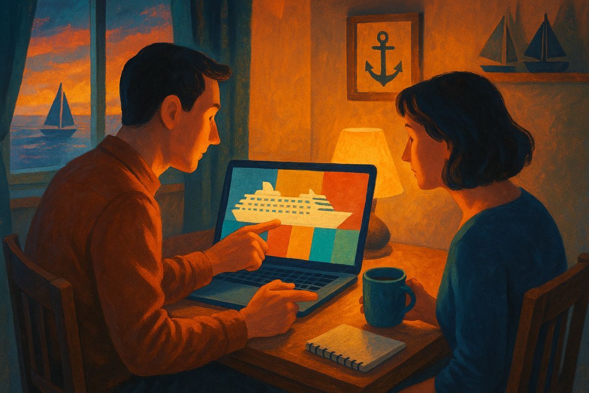 Paar vergleicht Mein-Schiff-Tarife am Laptop