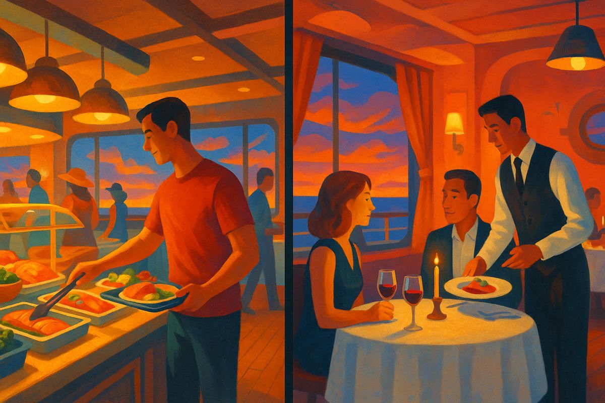 Illustration: Buffet mit Tablett links, Bedienrestaurant mit Menü rechts