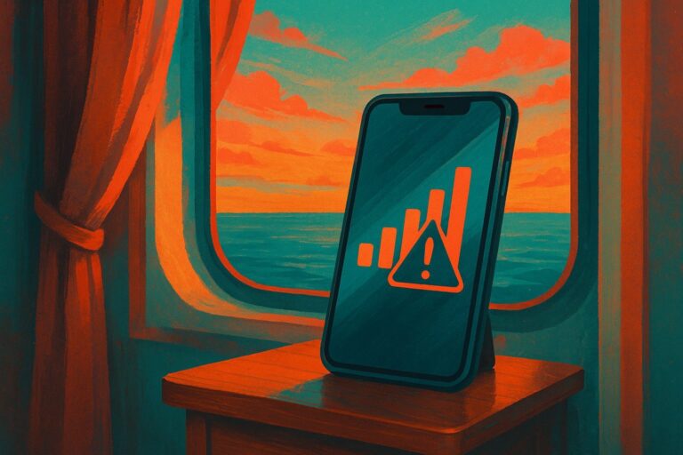 Smartphone mit abstrakten Mobilfunksymbolen und Warnhinweis auf einem Tisch vor Meerblick