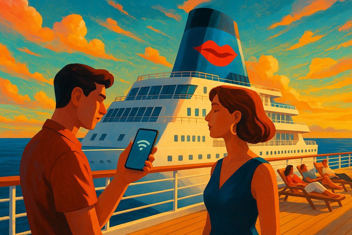 Gäste an Deck eines AIDA-Schiffs mit Smartphone und Meerblick