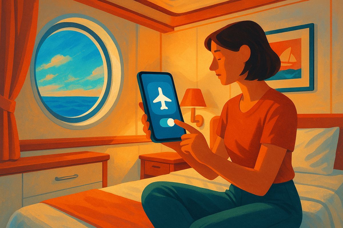 Gast in der Kabine eines AIDA-Schiffs aktiviert den Flugmodus am Smartphone