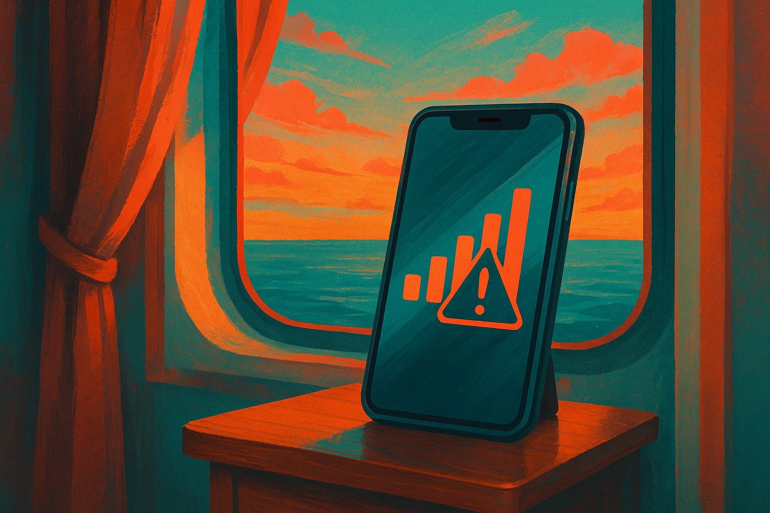 Smartphone mit abstrakten Mobilfunksymbolen und Warnhinweis auf einem Tisch vor Meerblick
