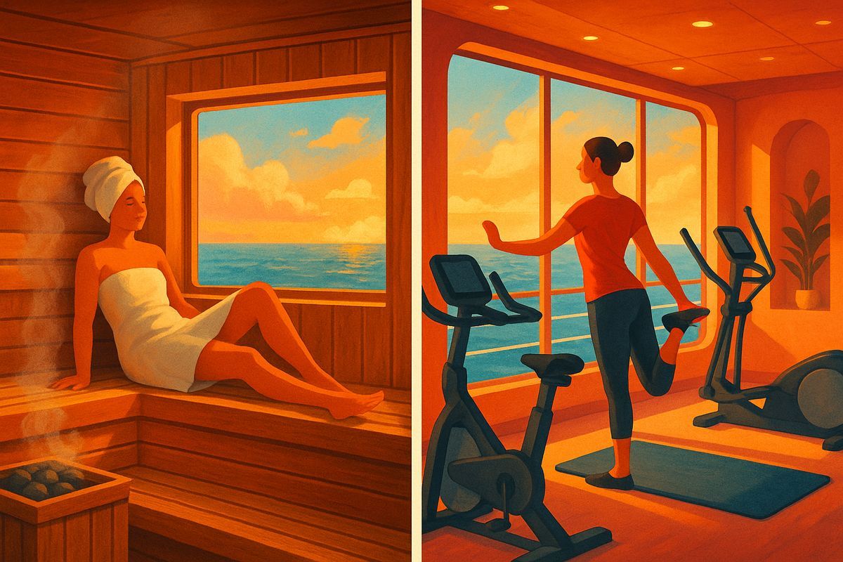 Illustration: Sauna mit Meerblick links, Fitnessstudio mit Trainingsgeräten rechts