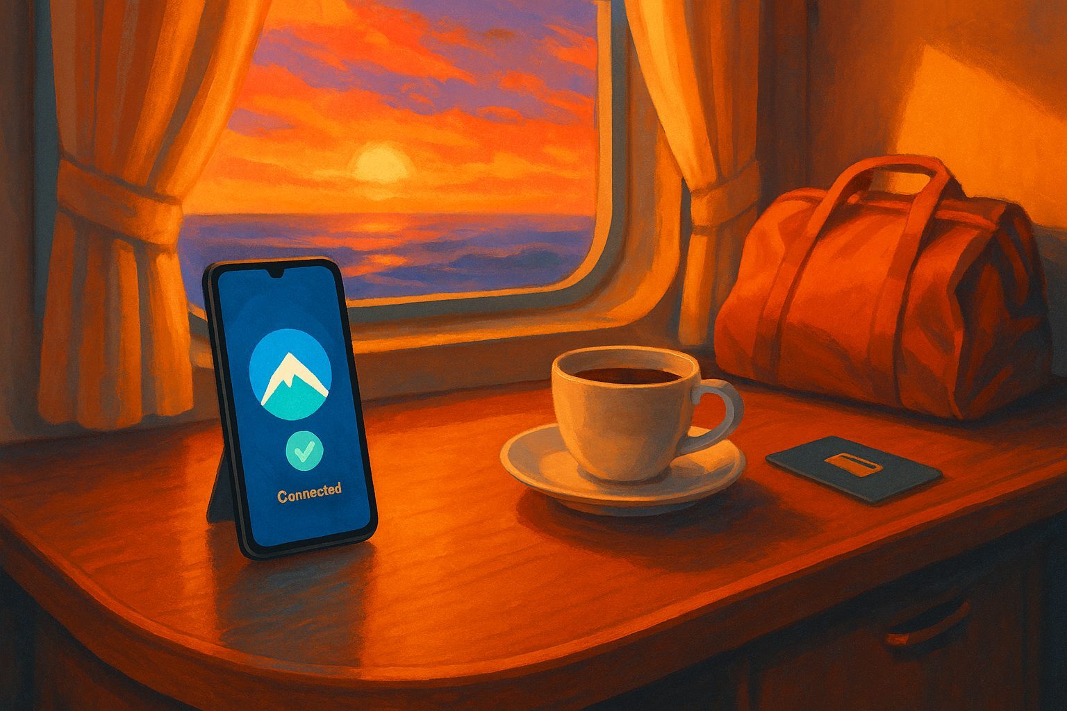 Smartphone mit aktiviertem VPN auf einem Kabinentisch neben Kaffee und Bordkarte